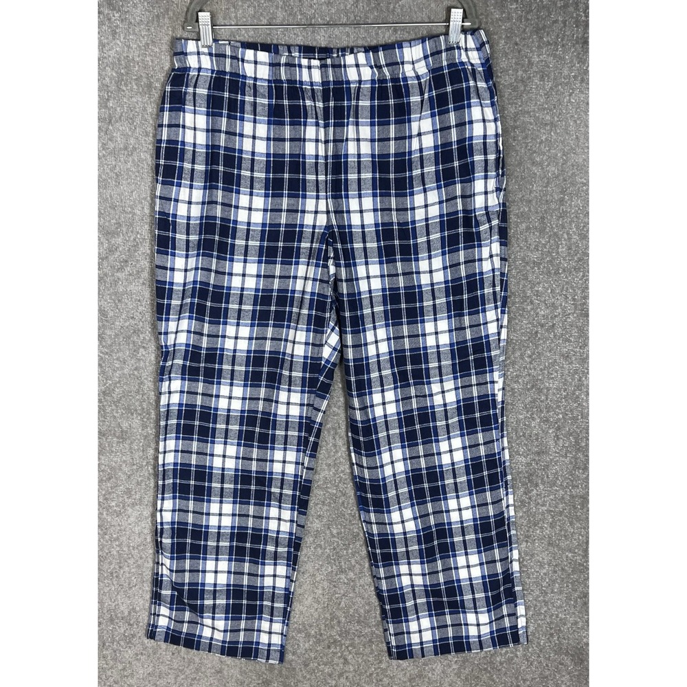 Lands End Wide Leg Flannel Pajama Lounge Pants Womens Sz L 14-16 Blue Pockets